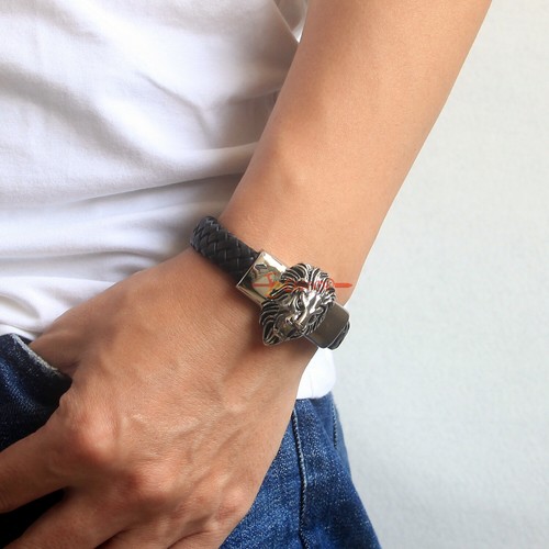 Stainless Steel Braided Leather Lion Head Men's Biker Bracelet Silver Black - Picture 6 of 9