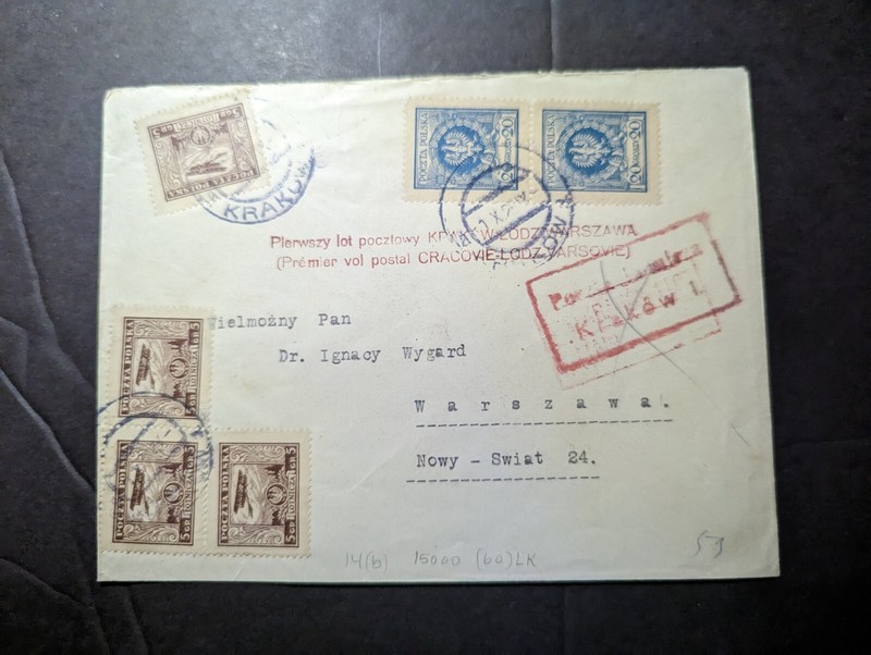 1926 Poland Airmail First Flight Cover FFC Krakow to Warsaw 60 Flown