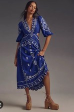 Farm Rio Cut Out Midi Dress Puff Sleeve Embroidered Navy Blue Sz XS