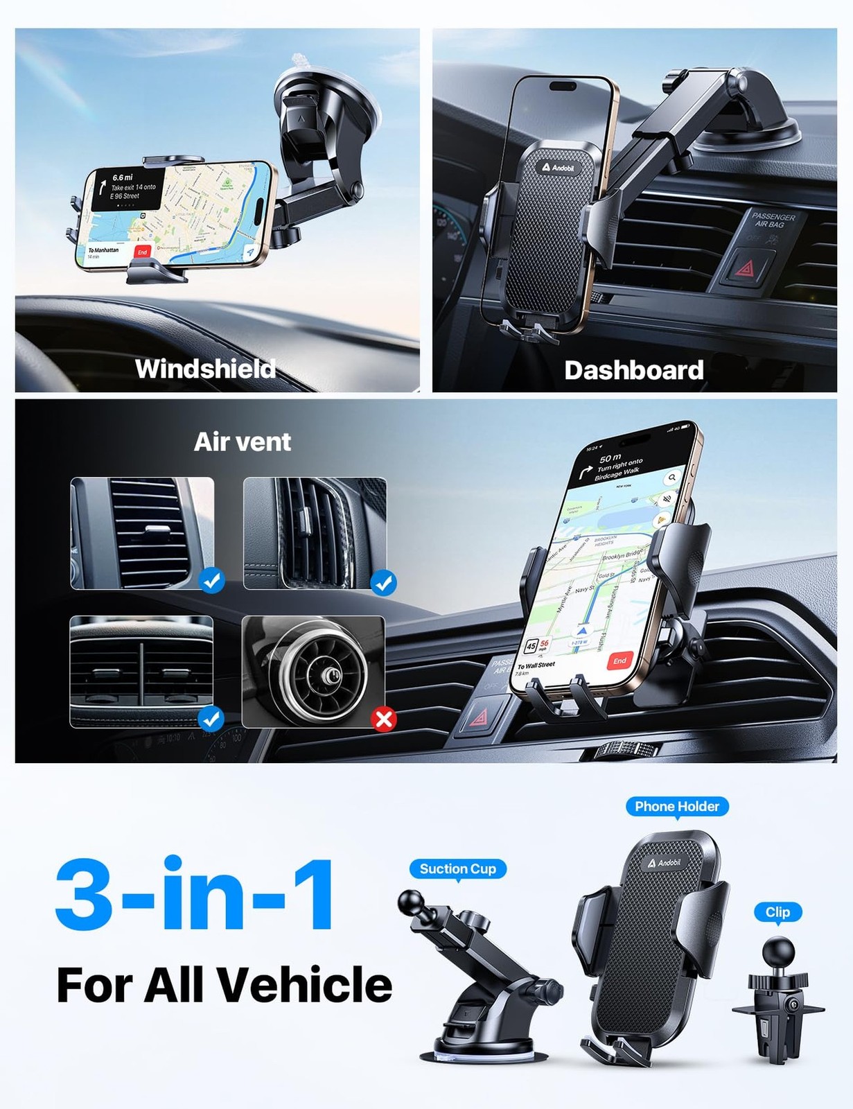 andobil 2025 Military-Grade Car Phone Holder [Upgraded Strongest Suction & Cl...