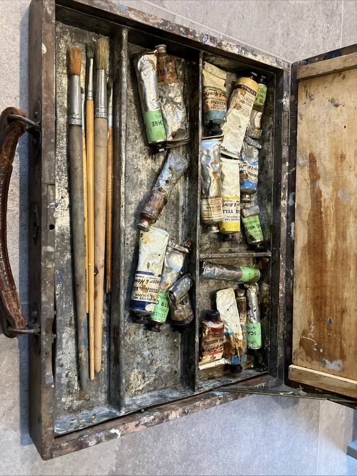 RARE ANTIQUE WINDSOR & NEWTON ARTISTS LINED PAINT BOX PALETTE PAINTS BRUSHES - Image 2 of 4