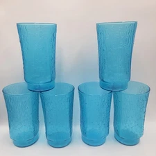 VTG. SET/6 ANCHOR HOCKING PAGODA  BAMBOO LASER BLUE JUICE GLASSES  3.5" MCM