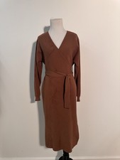 Nicole Miller Long Sleeve Belted Faux Wrap V Neck Sweater Knit Dress Brown Tan S