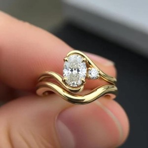 Authentic Oval Moissanite Bridal Wedding Ring Set 925 Gold Plated Classic Matching Band