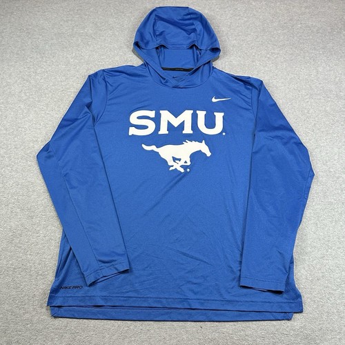 SMU Mustangs Sweatshirt Mens Large Nike Pro Hoodie Dri-Fit Performance Blue - Picture 2 of 10