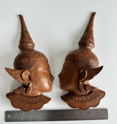 Vintage Hand Carved Wood Thai Wall Plaques Pair Asian Siamese Couple FaceArtDeco - Image 1 of 4