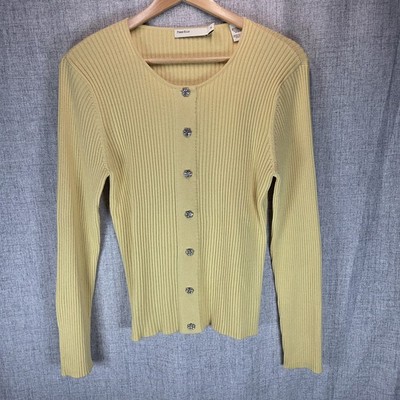 Perry Ellis Yellow Silk Cashmere Spring Cardigan Medium Jewel Buttons Old Money
