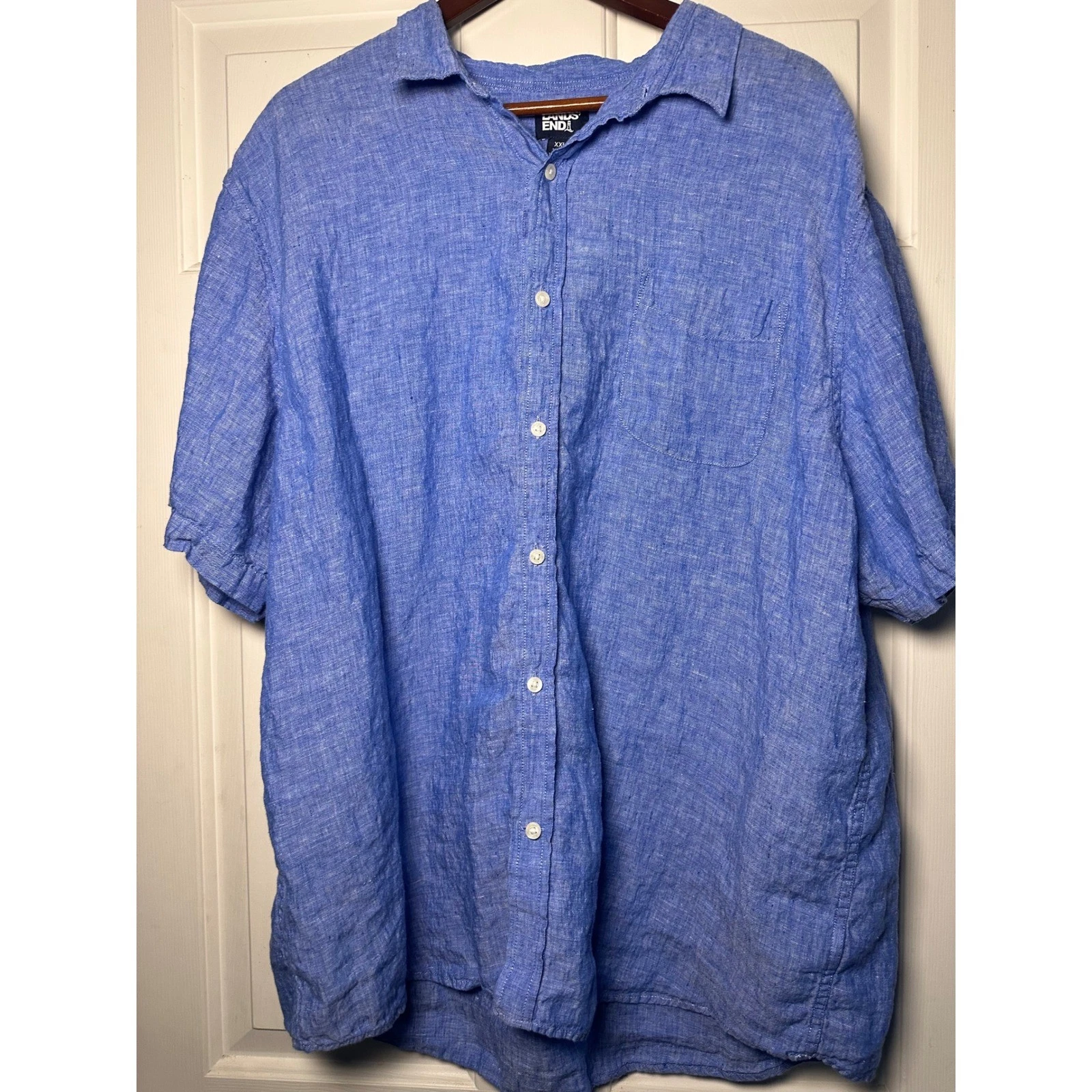 Lands' End Shirt Mens XXL Blue Linen Traditional Fit Short Sleeve Button Up