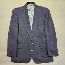 Stafford Men's 46R Navy Blue Hopsack Blazer Gold Crest Buttons Wool Blend