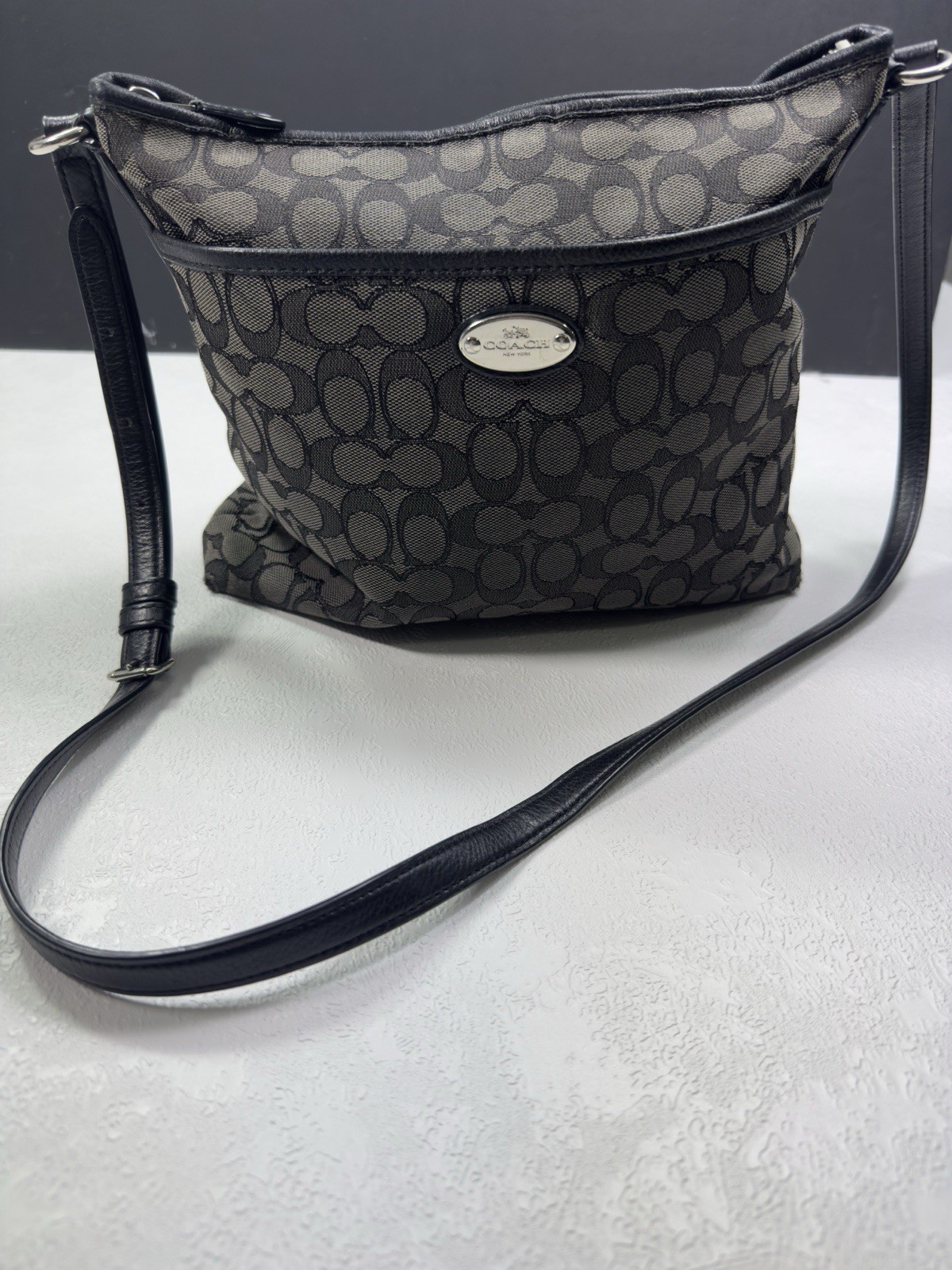 Coach Dark Grey Signature Canvas Crossbody Bag with Leather Trim & Adjustable