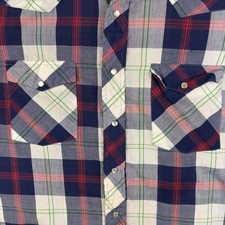 Vintage Wrangler Western Shirt Short Sleeve Blue Red Plaid Pearl Snap