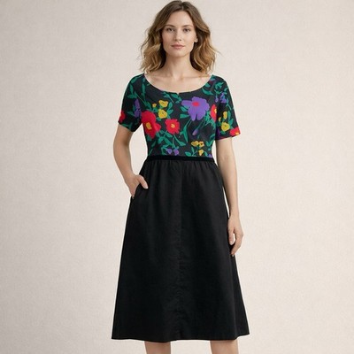 J. Peterman Floral Bodice Midi Dress Womens Size 4 Black Short Sleeve Lined