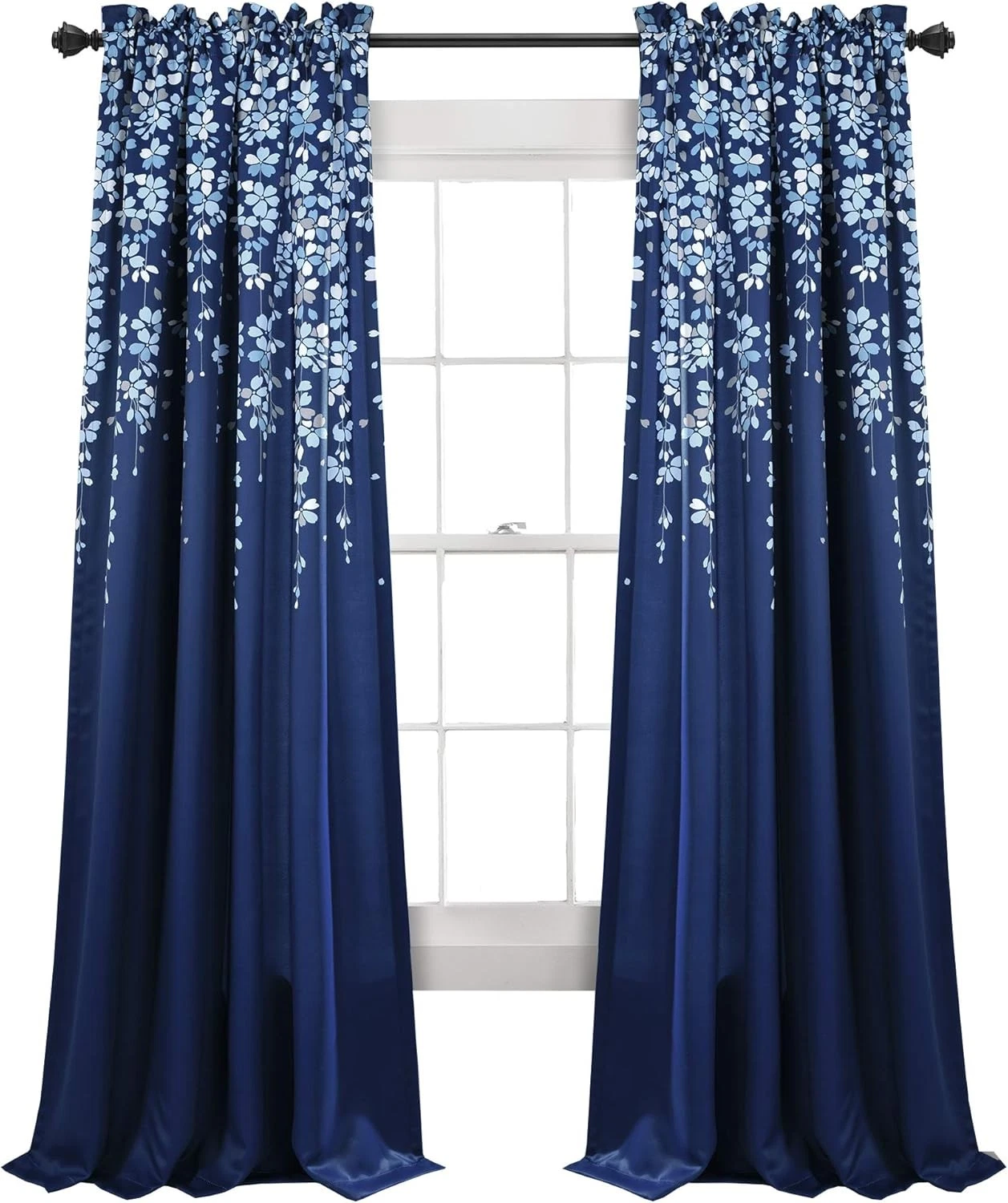 Weeping Flower block out Window Curtain Panels, Pair, 52"W x 84"L + 2" navy