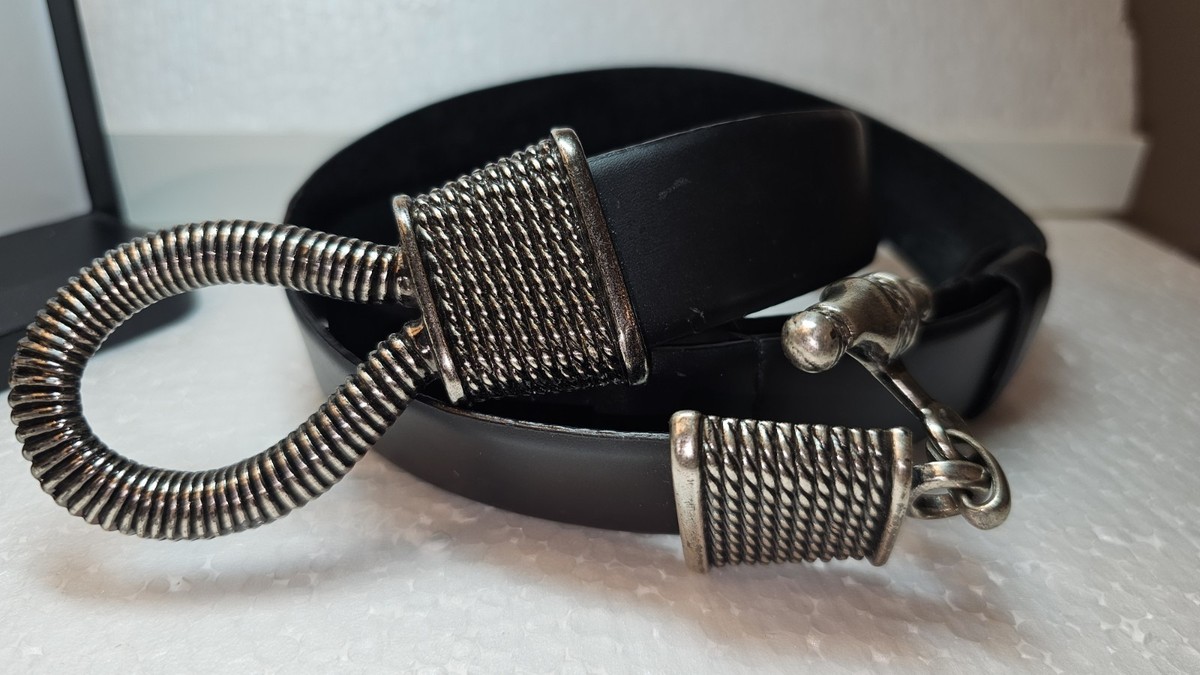 VTG Cipriani Hip Belt Black Leather Medium Silver Rope Twist 