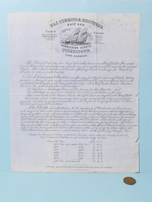 1800er N&J Cummins Schiff & Kommission Agenten Queenstown Cork Liefergebühren #BU