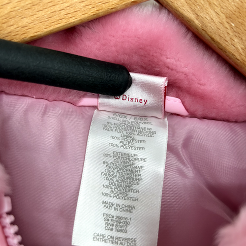 Disney Jacket Girls 6 Pink Faux Fur Full Zip Collared Printed Outdoor Winter - Picture 9 of 9