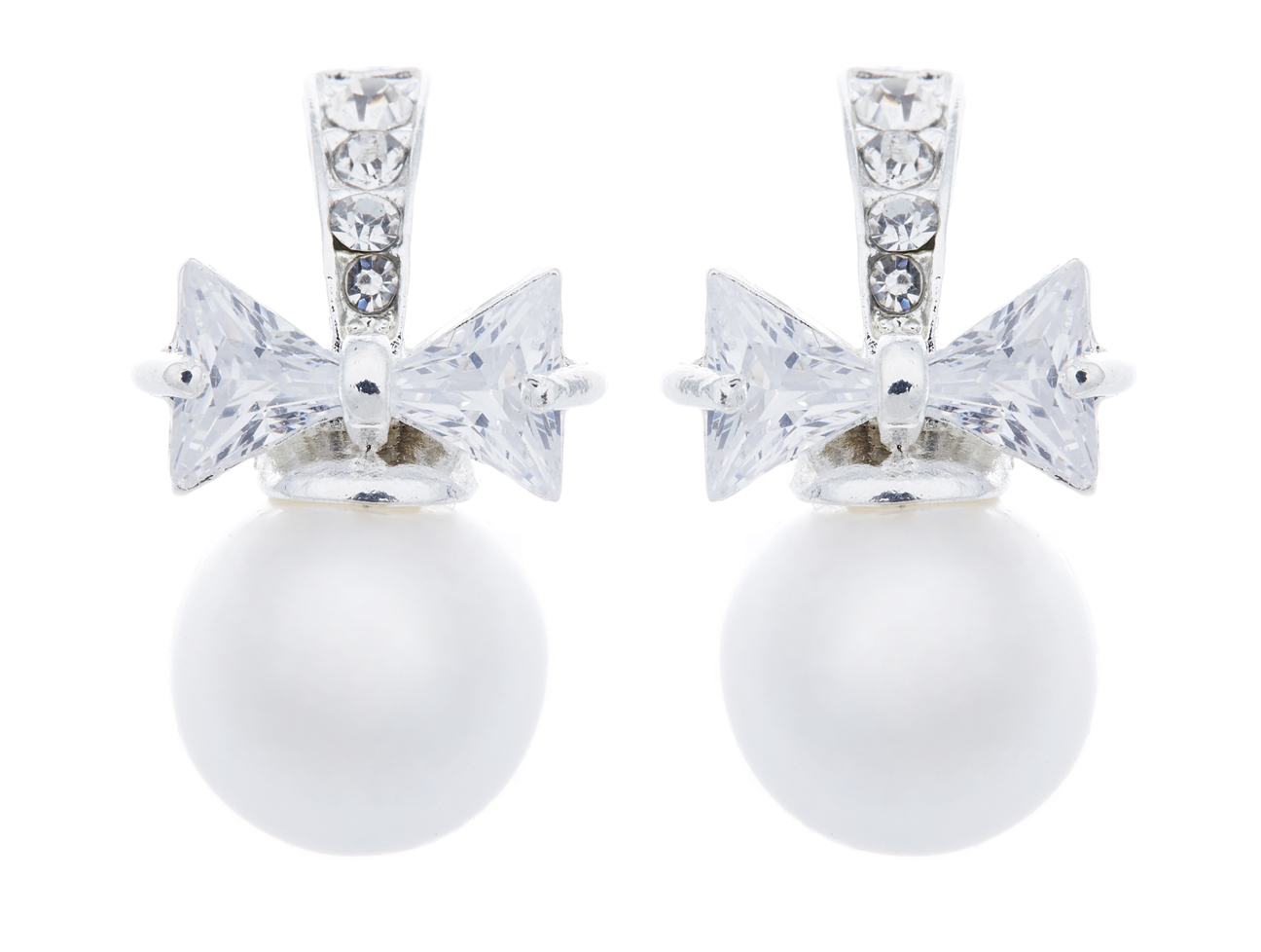 Pearl Clip On Earrings silver plated clear crystal bow stud earring - Hadley