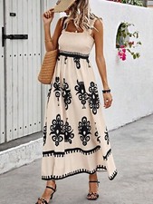 Women's Smocked Printed Wide Strap Maxi Dress - S-2XL
