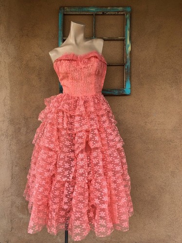 Vintage 1950s Pink Lace Dress Strapless w Bolero Jacket Sz xS W24 - Picture 4 of 9