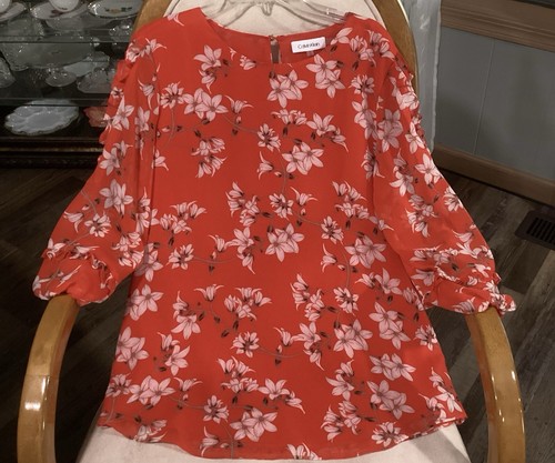 Calvin Klein Red Orange Floral Blouse Sz S Beautiful !