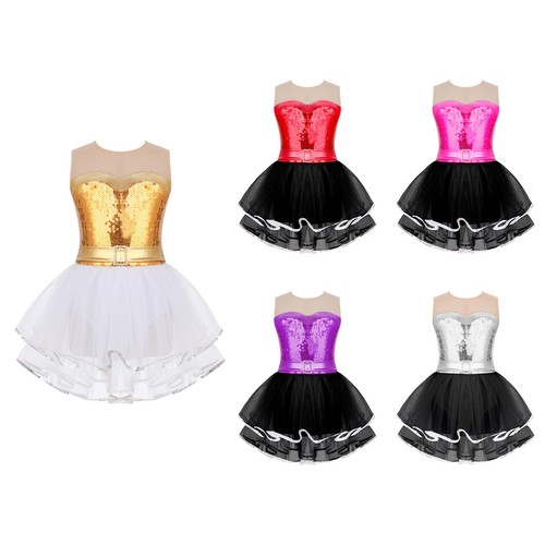 Girls Sequined Sleeveless Tank Leotard Mesh Tutu Dance Dress Ballerina Costume