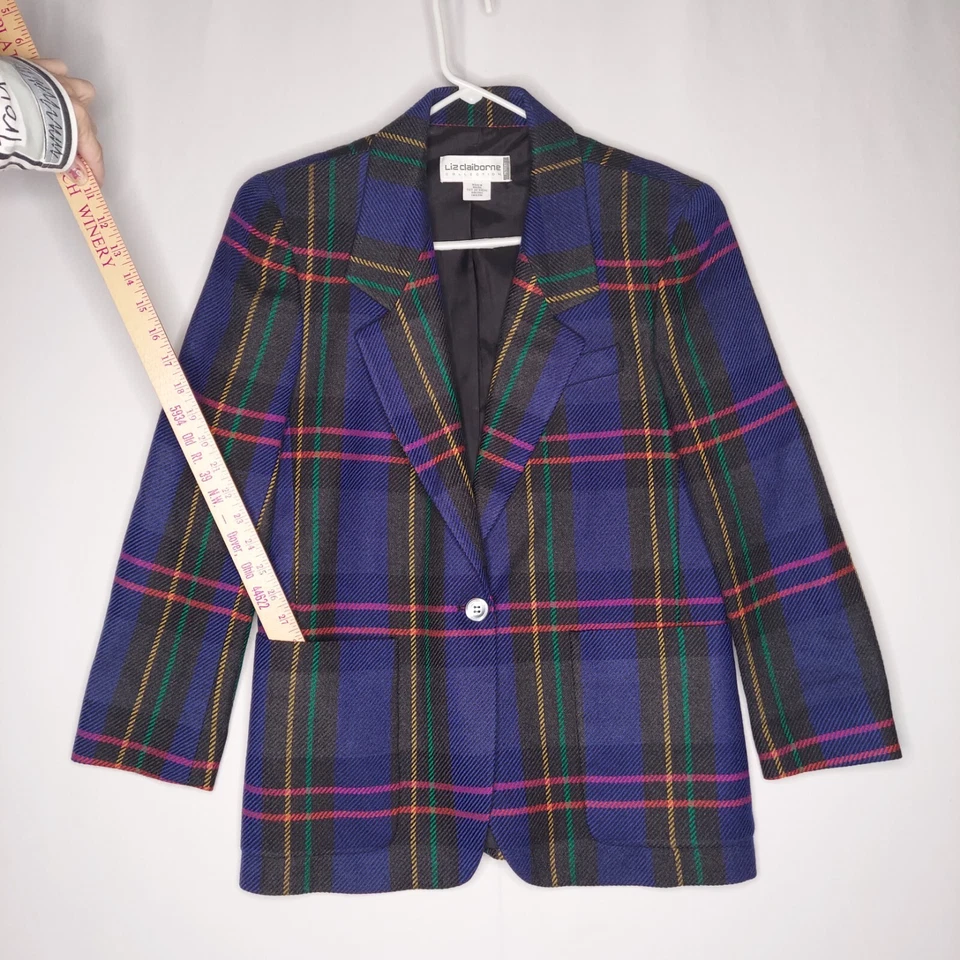 Blazer de lana Liz Claiborne de colección para mujer 8P púrpura multicolor a cuadros dinero antiguo lujo Foto 3 de 4