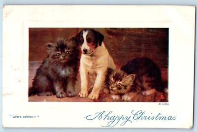 B. Cobbe Signed Postcard Christmas Cat Kittens Puppy Dog Lynn MA 1908 Antique