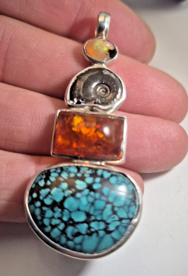 Anhänger Feueropal Ammonit Bernstein Türkis Spiderweb Silber 925 Unikat 271 - Bild 4 von 4