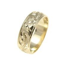 14K YELLOW GOLD HAND ENGRAVED HAWAIIAN PLUMERIA SCROLL BAND RING SMOOTH EDGE 6MM