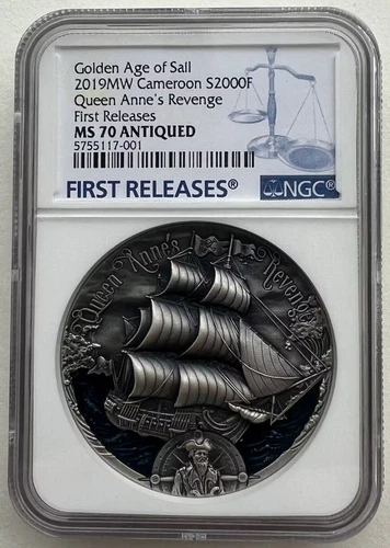 NGC MS70 Cameroon 2019 Golden Age of Sail Queen Anne's Revenge Silver Coin 2oz