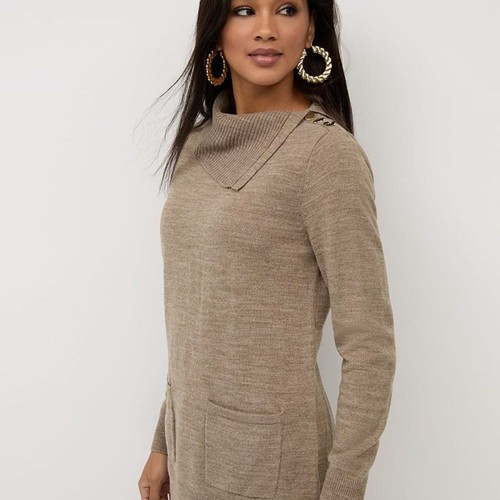 NY & Co. Womens Button-Detail Cowl-Neck Tunic Sweater XXL Heather Tan