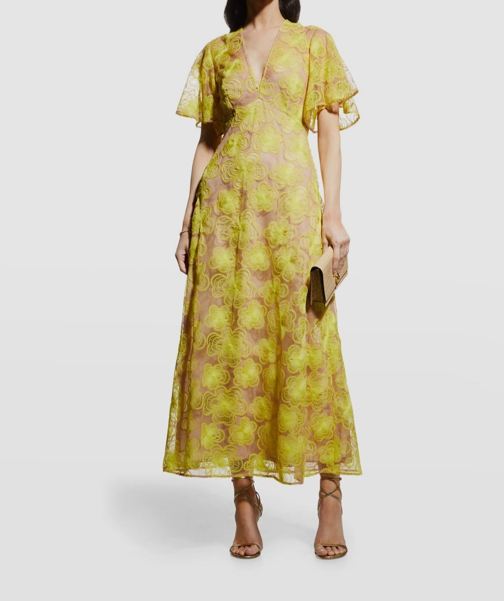 $1790 Lela Rose Women Yellow Floral Lace Flutter-Sleeve Midi Maxi Dress  Size 4 | eBay
