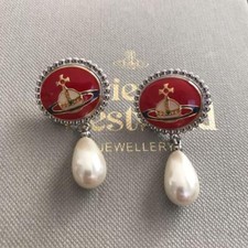 Vivienne Westwood Earrings Pierce Enamel Button Pearl Red Silver NO BOX