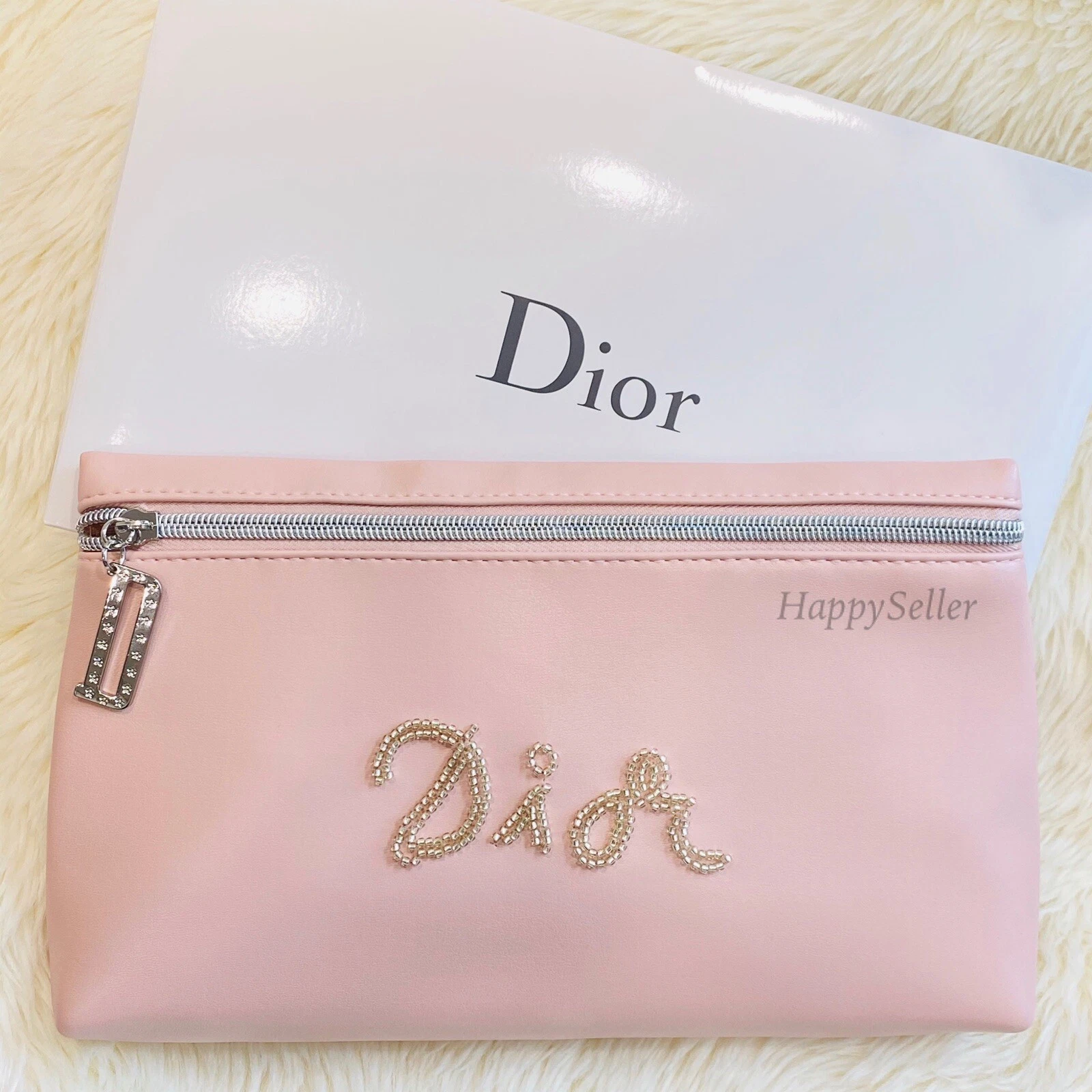 SAC POCHETTE DIOR PAILLETTES PERLES BLING ZIP MAQUILLAGE TOILETTE ÉTUI COSMÉTIQUE ROSE RARE