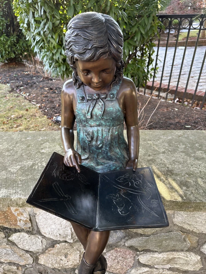 life size bronze statue Little Girl Reading A Book Indoor Outdoor Garden Rare - Image 3 of 4