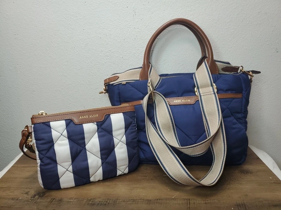 ANNIE KLEIN WOMEN'S BLUE White Stripe QUILTED NYLON TOTE BAG Wristlet PURSE Set - Image 2 of 4