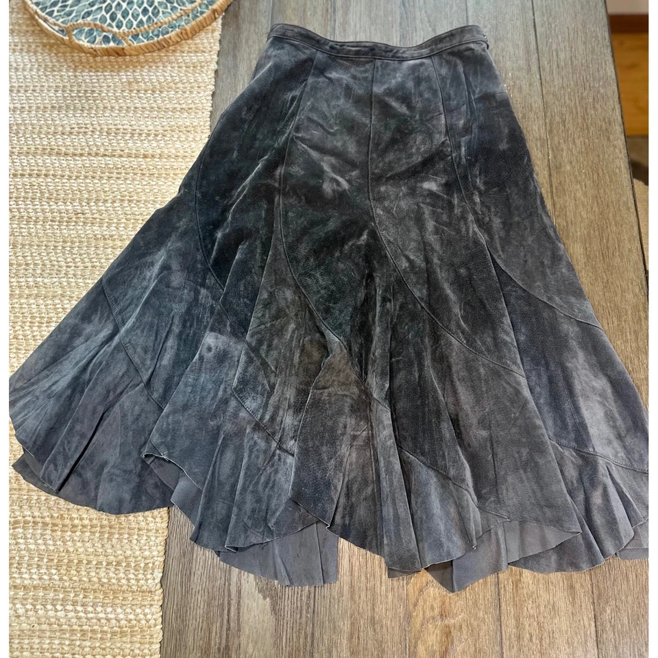 TSD Dos Estrellas Perro Pistola Metal Gris Gamuza Genuina Midi Falda BOHO Grunge Mujer S Foto 2 de 4