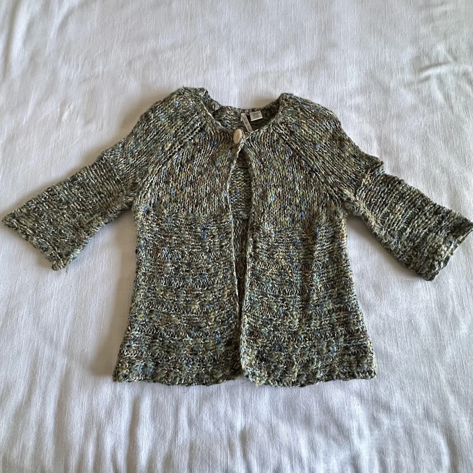 Cárdigan suéter Leo & Nicole para mujer grande verde jaspeado manga 3/4 botón único Foto 3 de 4