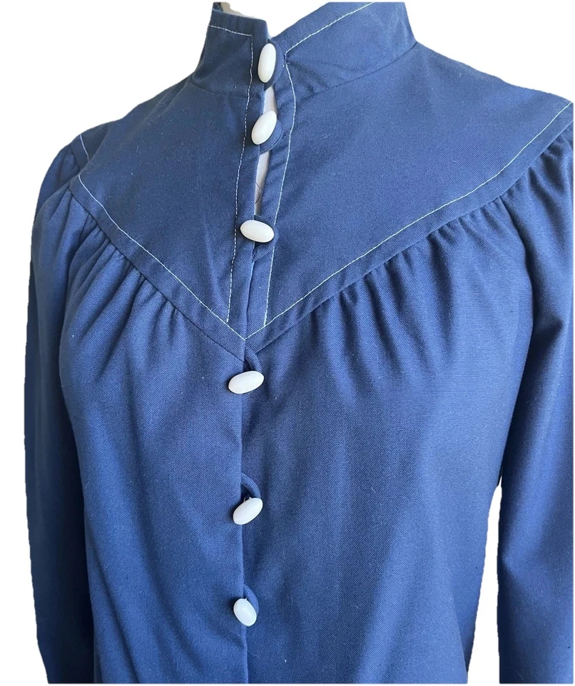 Винтажный 1960-х годов Mod платье Neiman Marcus подпоясанный темно-синий высокий воротник полоски офиса - Изображение 4 из 4