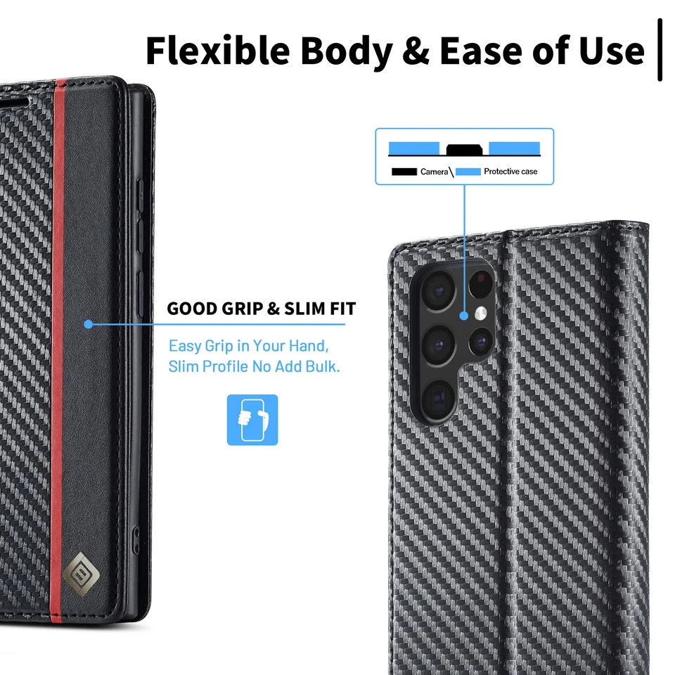 Carbon Fiber Wallet Flip Phone Case Compatible with Samsung Galaxy S25 S24 S23 - Image 4 of 4