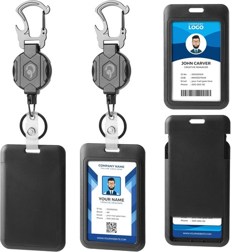 2 Pack Retractable Keychain with ID Card Holder, Heavy Duty Carabiner Badge Hold