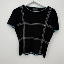 Finity Black Blue Stripe Rhinestone Short Sleeve Top Size Large Y2k