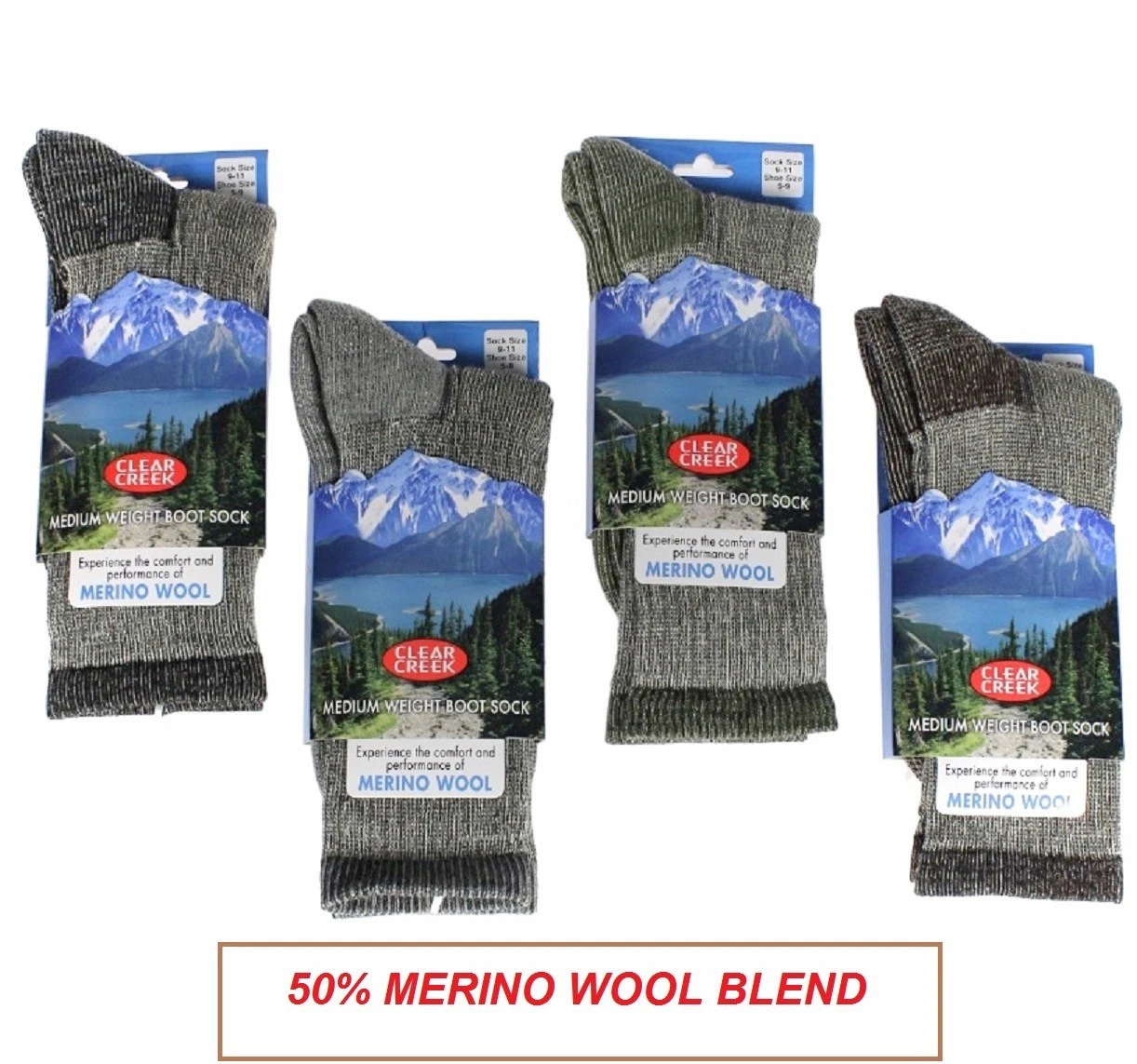 4 Pairs Womens Clear Creek 50% MERINO Wool Blend Thermal Cushioned Crew Socks