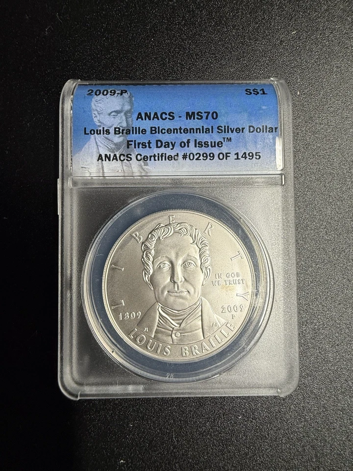 (2) 2009-P Louis Braille Bicentennial Silver Dollars MS70 & PR70DCAM ANACS FDI - Image 3 of 4