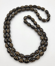 Vintage Czech Black Glass Beads Strand of 69 Gold Details