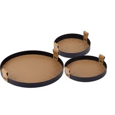 3 PCS Brown PU Leather Round Ottoman Coffee Table Serving Tray Home Display