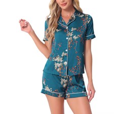 cheibear Women's Satin Short Sleeves Button Down Shirt with Shorts Pajamas Sets