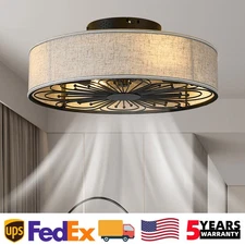 20" Caged Flush Mount Ceiling Fan Light White Farmhouse kit with Remote Control