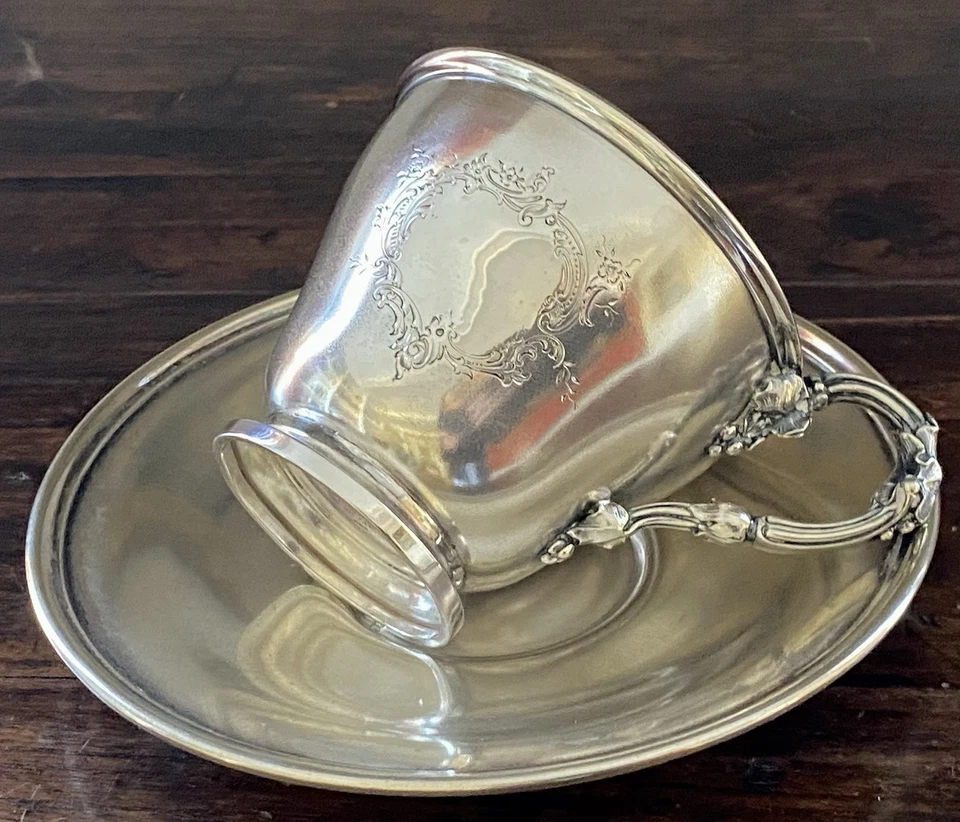 Taza y platillo italiano de plata modernista A. Giacche Milano años 30 estilo Buccellati Foto 3 de 4