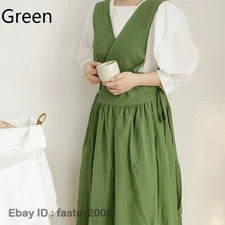 Women Wrap Apron Pleated Pockets Lace Up Pinafore Dress Home Workwear Reversible